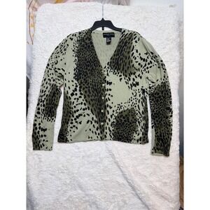 August Silk Cardigan 100% Silk Womens Medium Green Leopard Print V-Neck Knit